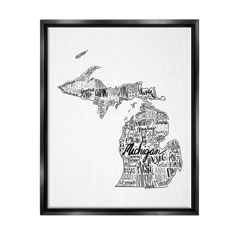 «Michigan State Typographie City Map» par The Evening Evening Post - Art textuel sur toile, Cadre flottant noir de jais