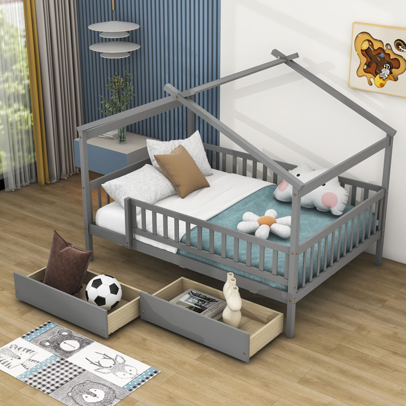 Lit en bois en forme de maison, gris, Double