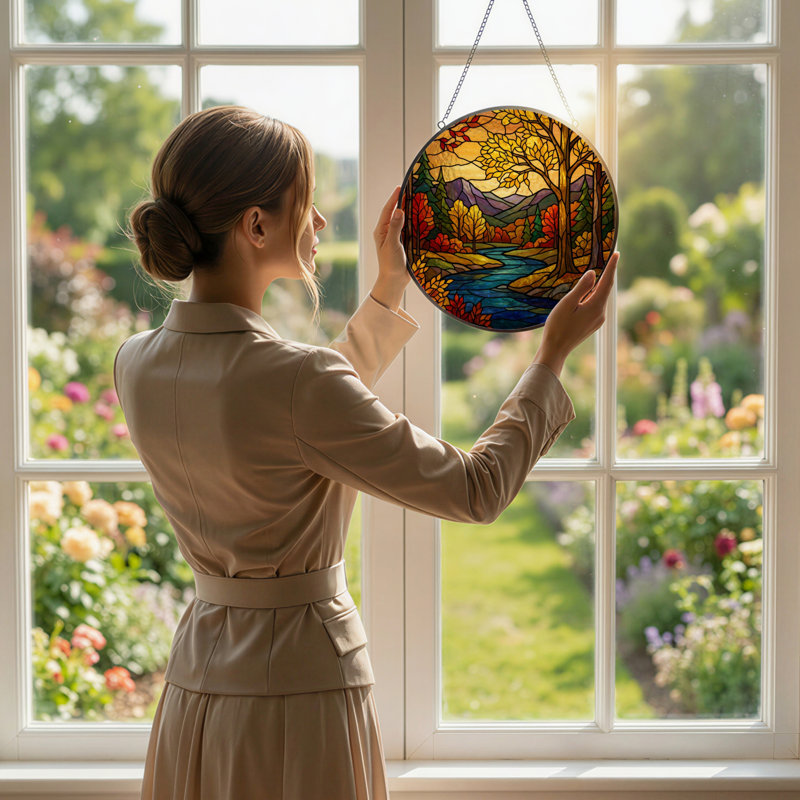 7.8"H Autumn Landscape Stained Glass Window Panel, 7.8" H x 7.8" W