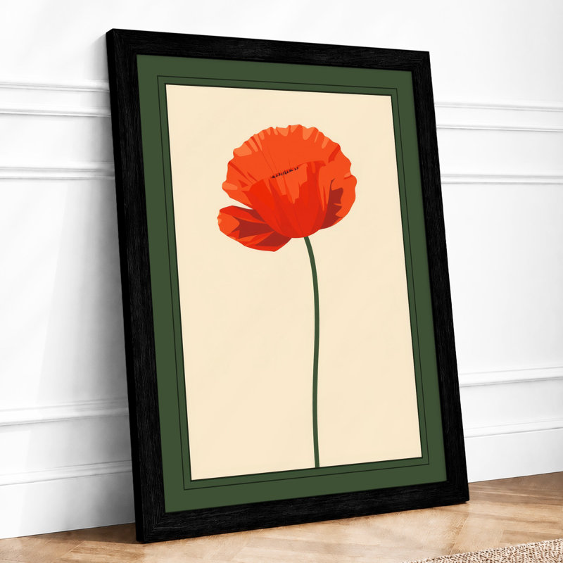 Single Red Poppy Botanical - Framed Print, Black, A4 - 29.7 x 21.0 cm