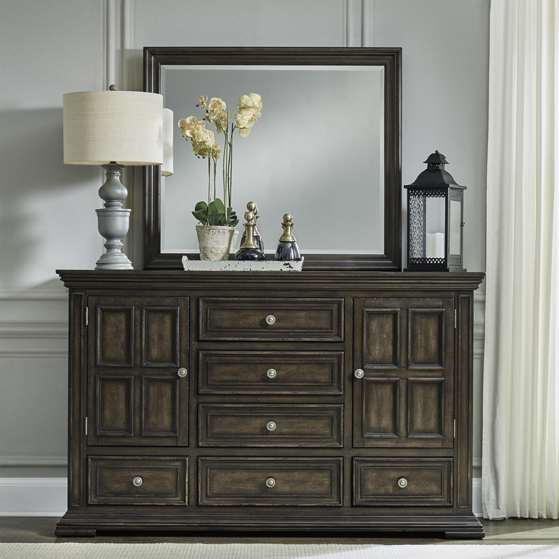 Ensemble de chambre à coucher avec lit à panneaux, commode et miroir Temple Cloud, Marron, King