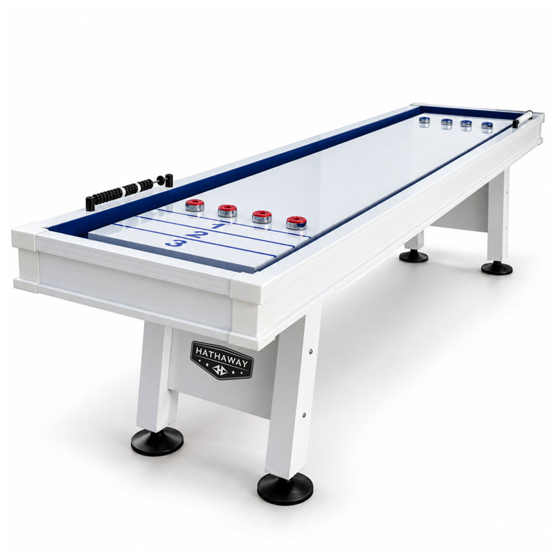 Hathaway Crestline 12 Ft Outdoor Shuffleboard Table for Patio, Yard & Deck - With Weatherproof Playfield, Built-In Scorer & Fitted Cover, Leg Levelers, 8 Pucks, Powder – White Finish