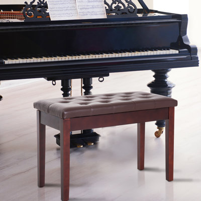 Duet- Keyboard Bench With Faux Leather Cushion And Robust Wooden Frame In Brown Piano Upholstery Base For Duets
