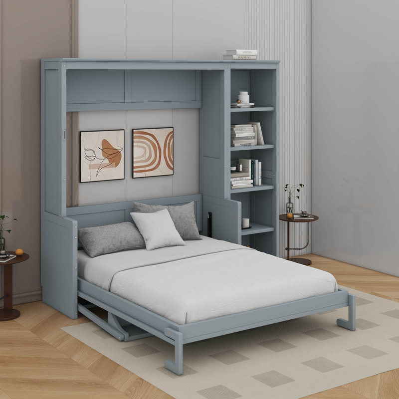 Lit escamotable double avec bureau et bibliothèque, gris, Double