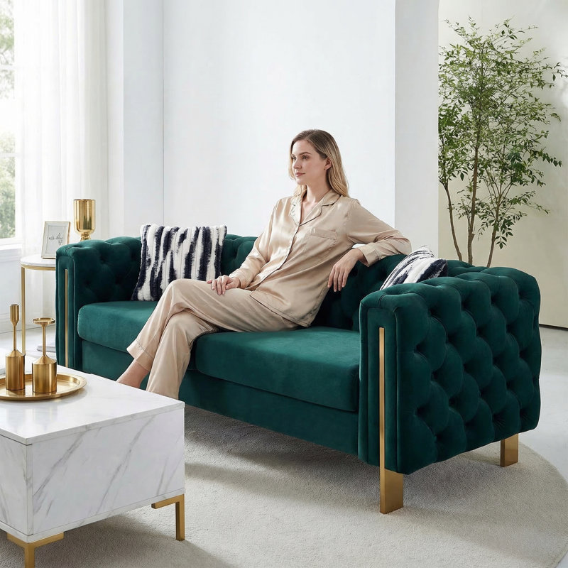 Jamayiah 84.25" Square Arm Sofa, Green Velvet