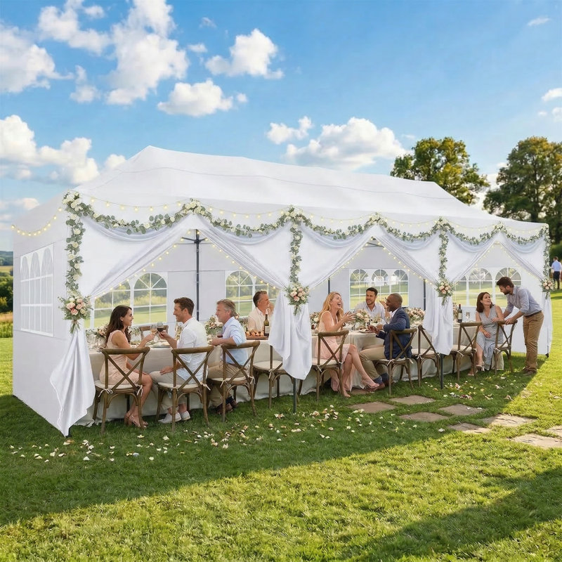 354" W x 118" D Real Heavy Duty Steel Pop-Up Canopy with 8 Removable Sidewalls, White