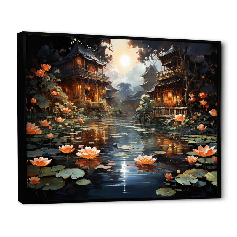 «Mariannah China Art Lotus Lantern II», reproduction, H 16 po x l 32 po x P 1 po, Cadre flottant noir
