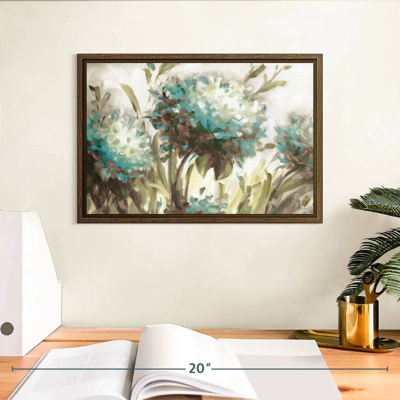 Hydrangea Field Neutral, 13" X 9", Floating Frame Walnut