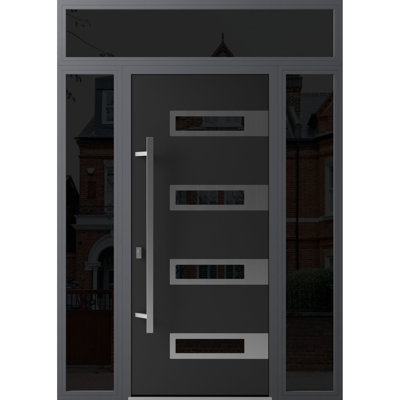 Porte d'entrée extérieure prémontée en acier Ronex 0131, émail noir, 2 fenêtres latérales et supérieures, imposte latérale, inserts en acier inoxydable, style moderne, peint, largeur 16+36+16 x hauteur 80+16, ouverture à droite vers l'intérieur