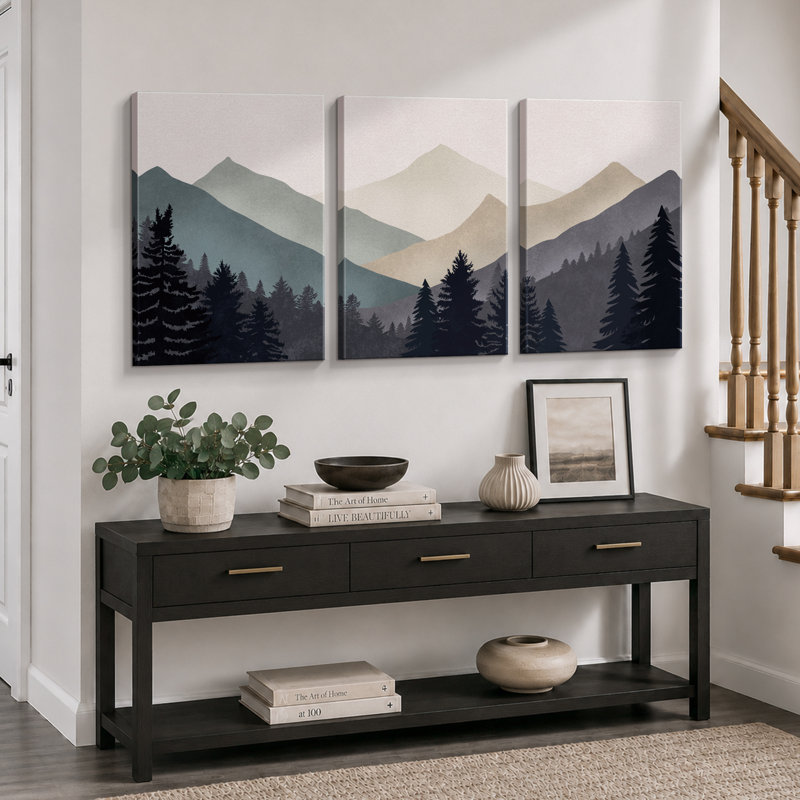«Sun Mountain Landscape», œuvre abstraite de forêt neutre, images murales minimalistes modernes, impression sur toile encadrée, 3 pièces