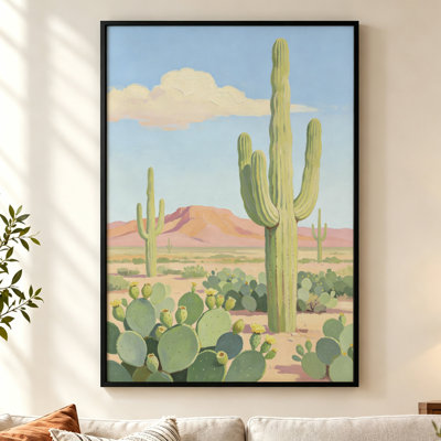 Tableau sur toile encadrée avec cadre flottant noir, motif botanique, paysage désertique de cactus, 61 cm (H) x 41 cm (L).