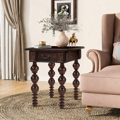 Table de bout vintage en bois massif avec tiroir