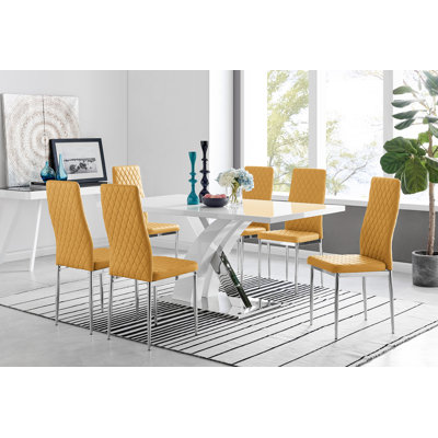 Edzard Chrome & White High Gloss Dining Table Set with 6 Luxury Faux Leather Dining Chairs
