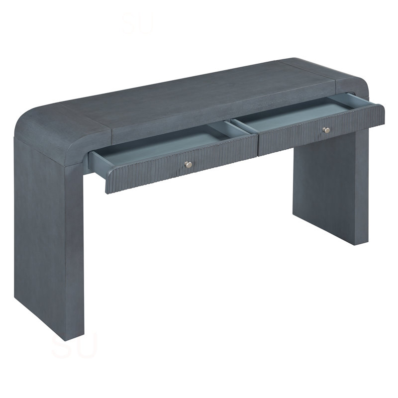 Rustic Petya with Fluted Drawer, Curved Corners and Thick Legs for Entryway or Living Room Use., Dark Navy