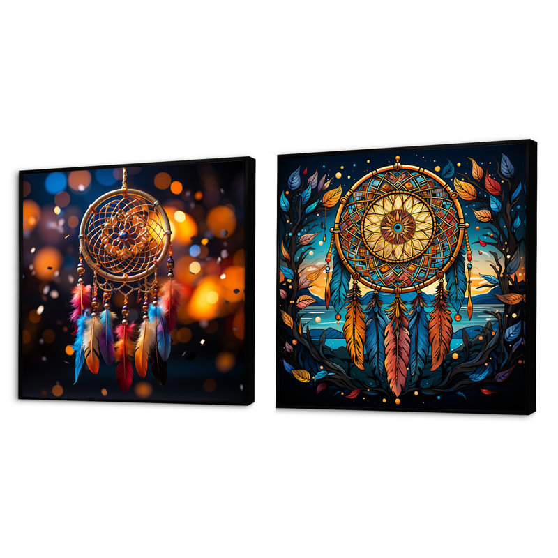 Dreamcatchers Dance - Dream Catcher, ensemble de 2 collages carrés, Cadre flottant noir, H 36 po x l 73 po