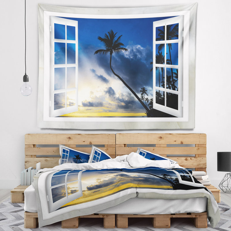 Tapisserie paysage fenêtre à la plage avec cocotiers, H 78 po x l 92 po