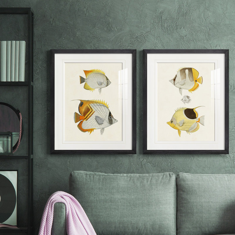 «Yellow and Gray Fish I», reproduction encadrée de qualité supérieure - prête à être accrochée, Cadre noir