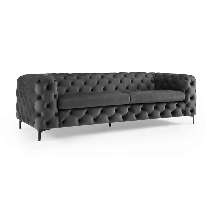 Ghaleb 237Cm Velvet Square Arms Sofa, Grey Velvet, Black