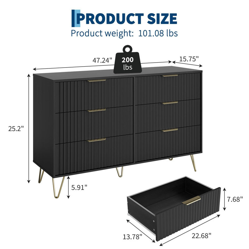 Modern Wood Dresser with 6 Fluted Drawers, Large Storage Chest for Bedroom or Living Room, Black