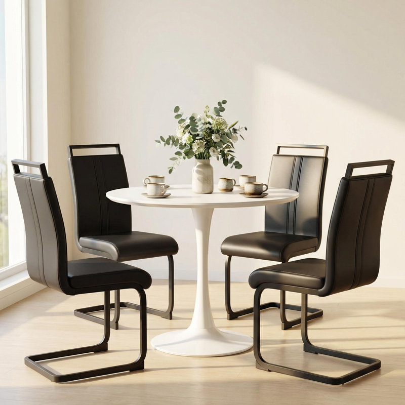 5-piece Round Dining Set With Mid-century Style Pedestal Table & C-leg Chairs