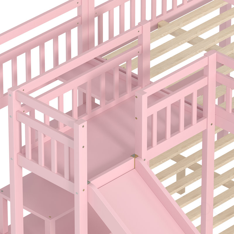 Lit double superposé en forme de maison double avec glissade, lit de jeu avec escalier de rangement, deux méthodes de placement, conception silencieuse