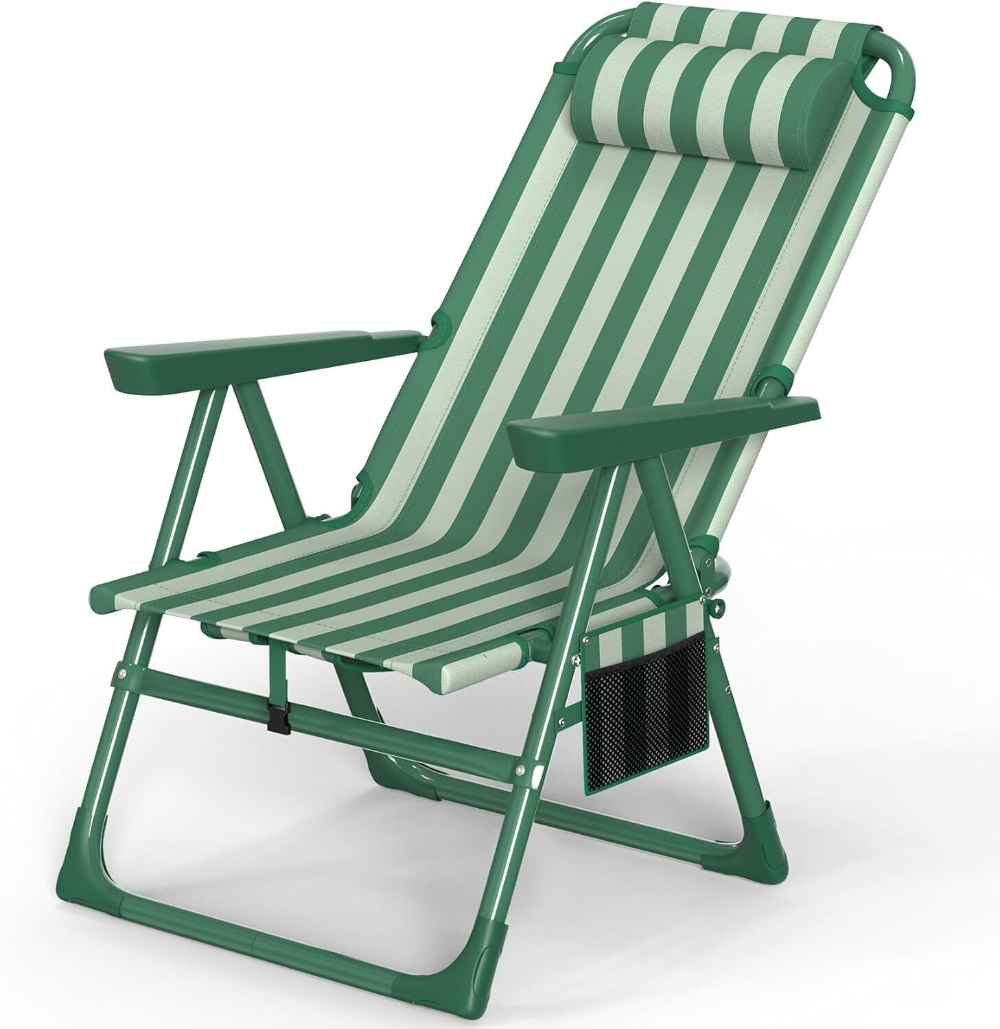 Backpack Beach Chair, 6-Positions Reclining Folding Beach Chair with Cooler Bag and Cup Holder - Olive Green Striped, 1