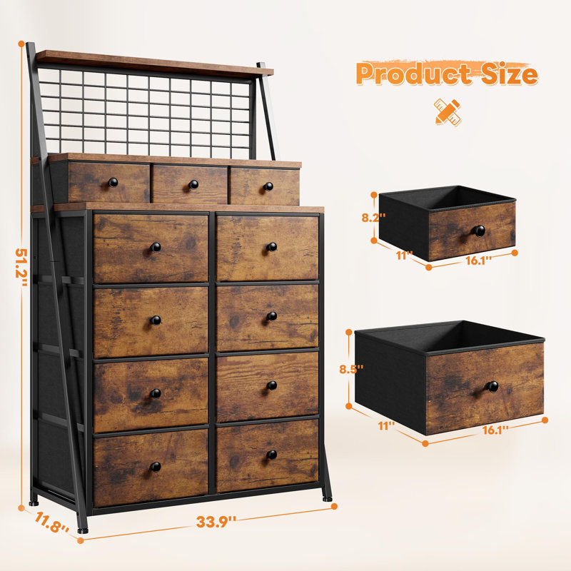 11 Drawers Tall Dresser, Rustic Brown