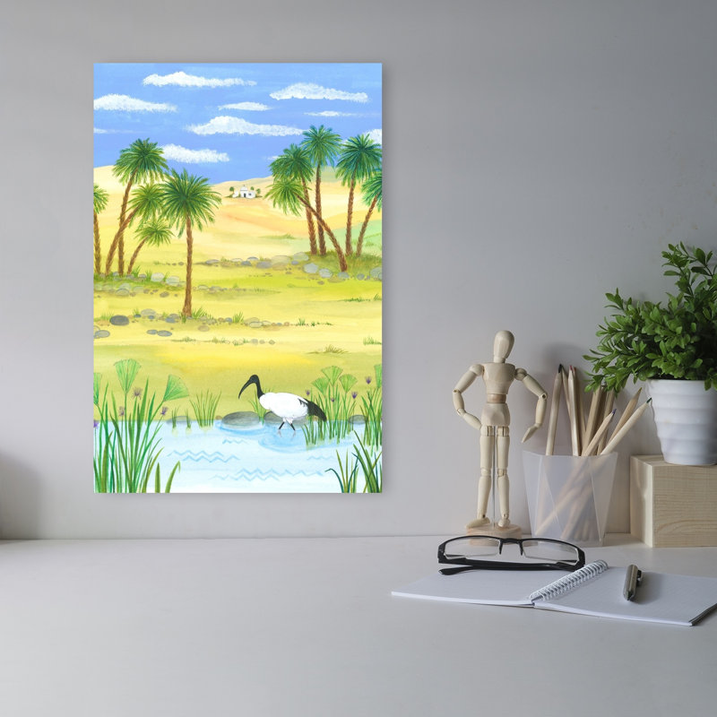 Banks Of The Nile With Ibis Tranquil Abstract Contemporary Palm Tree Bird Architecture Landscape Wall Art Print 1 Piece Wrapped Canvas Wall Art