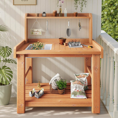Outdoor Wooden Potting Bench with Storage Cabinet and Removable Sink