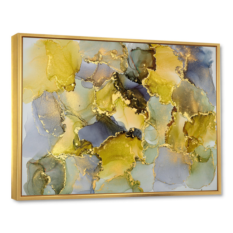 Vert luxueux abstrait fluide V - peinture sur toile, H 30 po x l 40 po x P 1,5 po, Cadre flottant doré