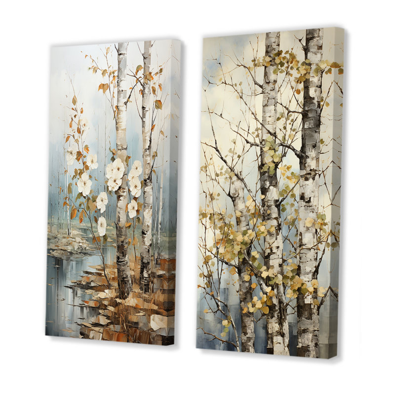 2 pièces sur toile - Symphonie sycomore arbre gris blanc, Toile tendue, H 40 po x l 40 po