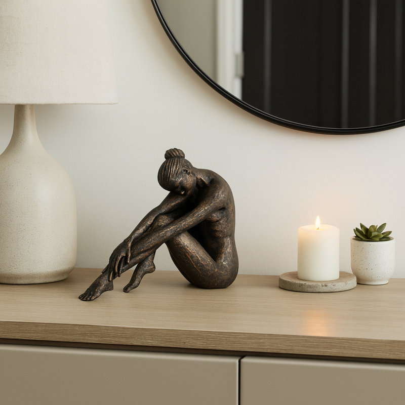 Decorative Seated Abstract Figurine Sculpture for Home Decor - Modern Gallery Statue Art Accent for Tabletop Object or Living Room Decoration - Bronze