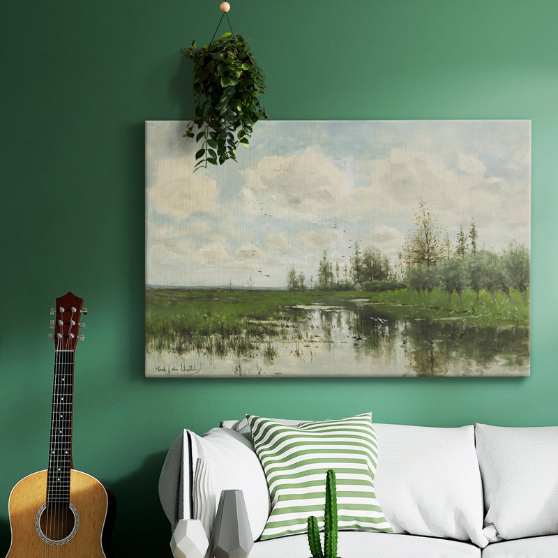 Paysage rétro - XLVI, H 13 po x l 19 po, Vert clair / Beige, Toile tendue