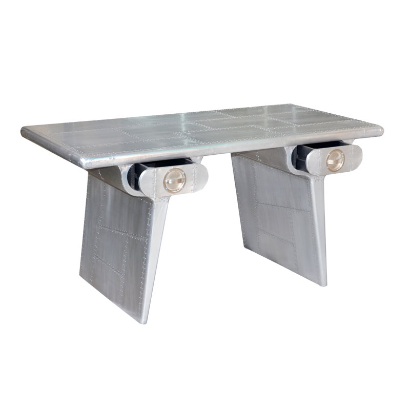 Bureau d'écriture à 2 tiroirs Pilot avec revêtement en aluminium sur bois massif