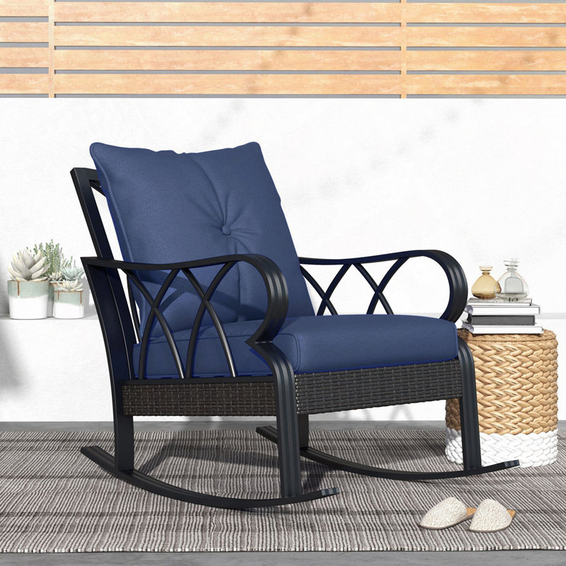Chaise berçante d'extérieur en osier et rotin, Bleu très foncé