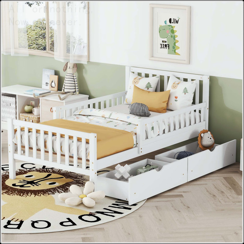 Full Size Wood Platform Bed with Storage Drawers and Safety Guardrails, Twin, White