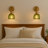 Gold Bronze Green Glass Wall Sconce Set of 2, Hardwired Retro Iron Wall Lamp