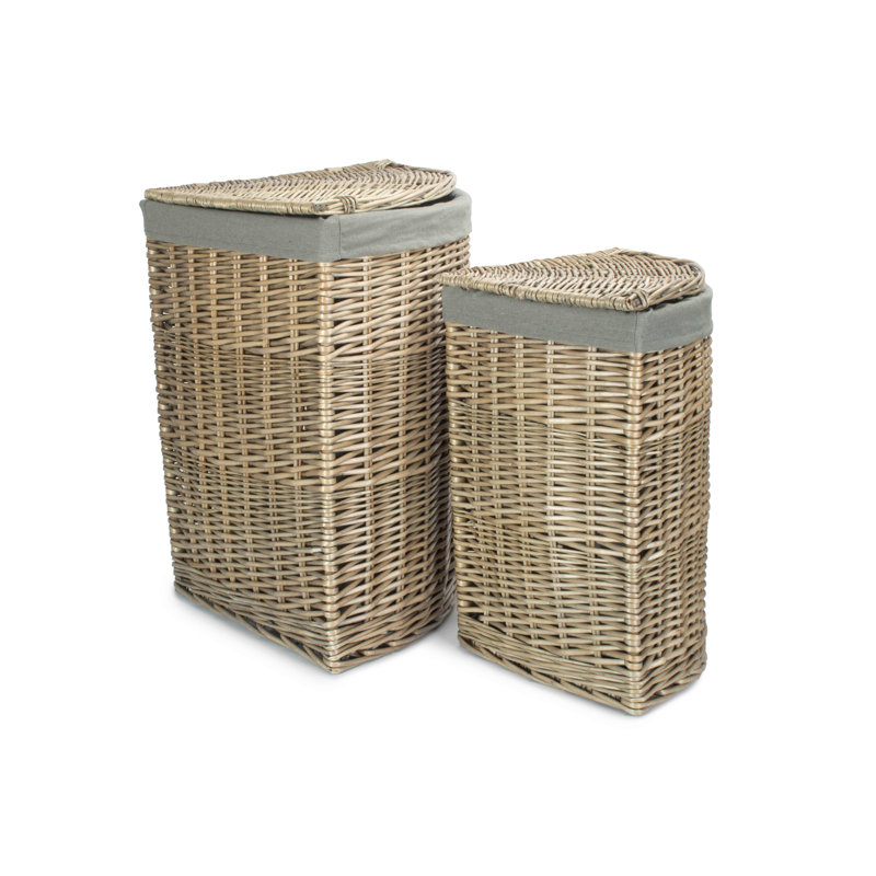 Wicker 2 Piece Corner Laundry Basket Set With Lining, Antique/Grey