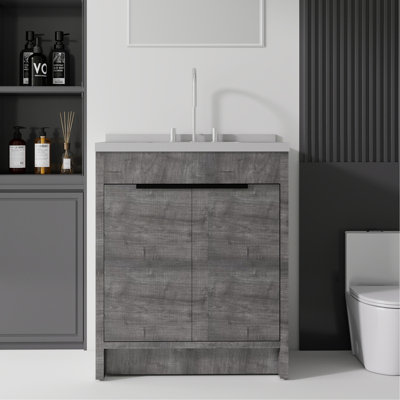 Meuble-lavabo autoportant de 24 po avec lavabo, porte à fermeture douce, comptoir et dosseret en marbre de granite blanc de 2 po, contreplaqué, brun