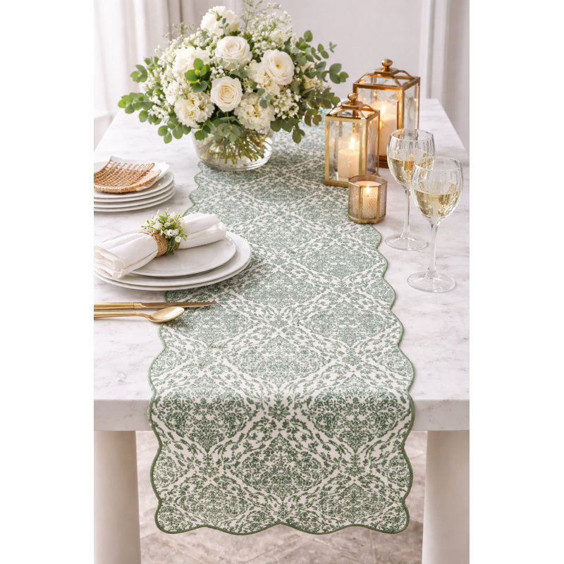 Sage Vintage-inspired Design Decorative Damask Scalloped Table Runner 14" X 71"