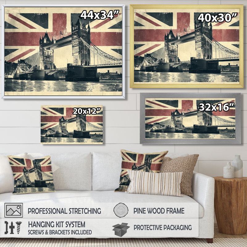 Rétro pont sur le drapeau du Royaume-Uni, art mural rétro, H 24 po x l 32 po, Impression encadrée flottante, Blanc
