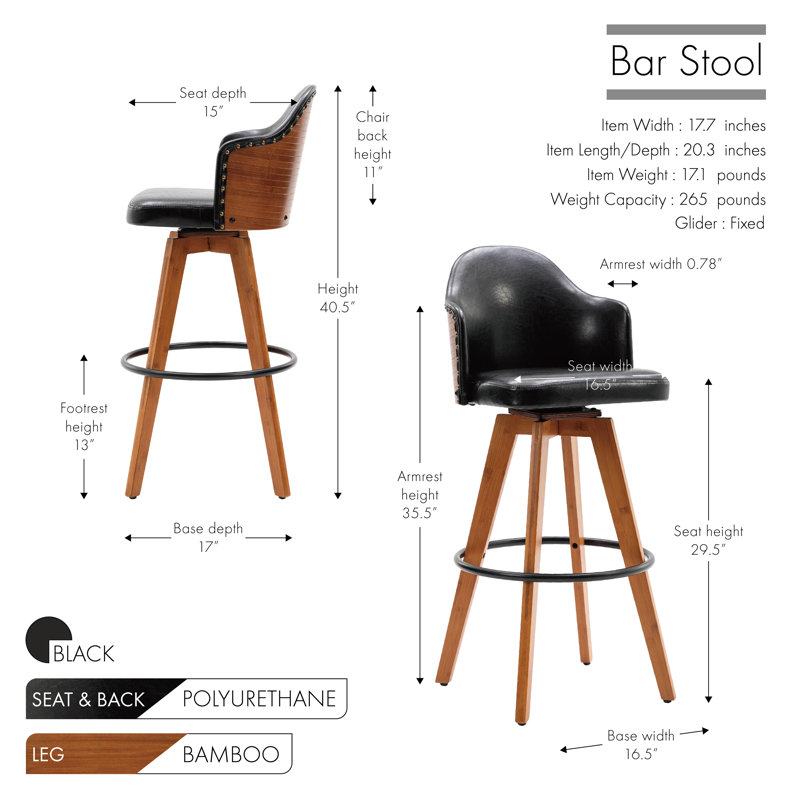 Corrigan Studio® Idan Swivel Bar Stool, Pu Leather Upholstery, Bamboo Legs, Black