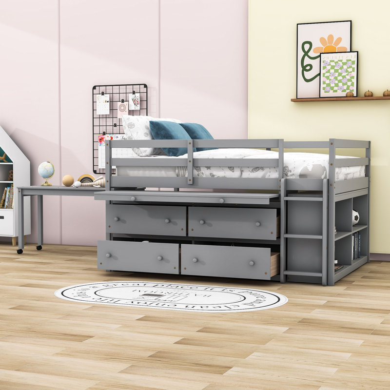 Eli Kids 4 Drawers Wooden Loft Bed with Desk and Shelves, Twin, Gray