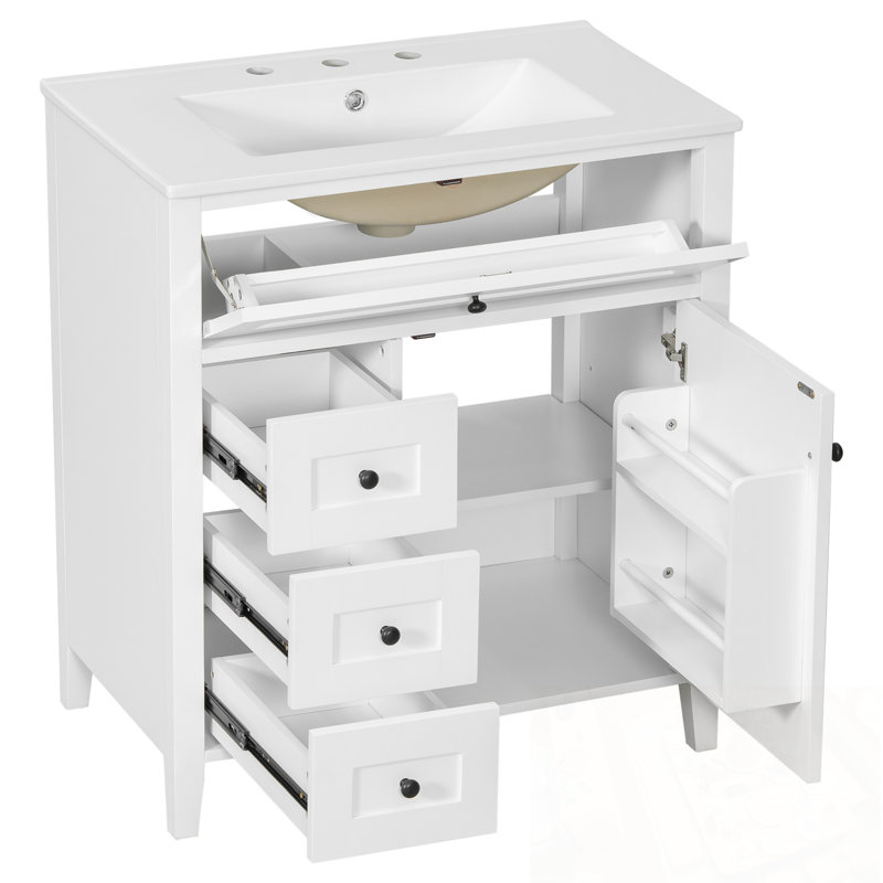 Meuble-lavabo avec lavabo, 3 tiroirs et tablette réglable, Blanc / argenté
