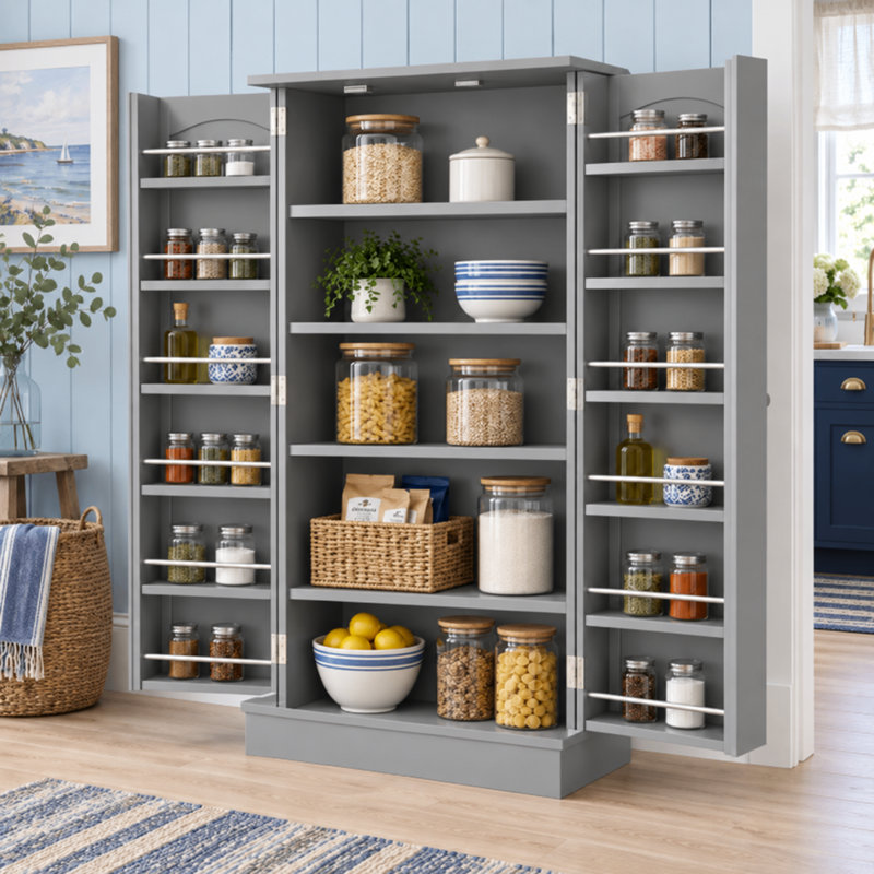Armoire de rangement moderne de style campagnard à cinq niveaux réglables, avec douze étagères et portes doubles à panneaux, idéale pour la cuisine et la salle à manger.