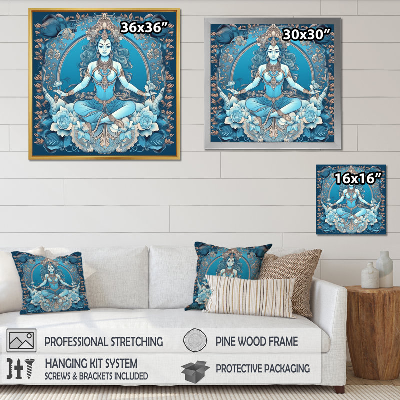 Divine Déesse Yogini en bleu sur toile, Cadre simple blanc, H 16 po x l 16 po x P 1 po