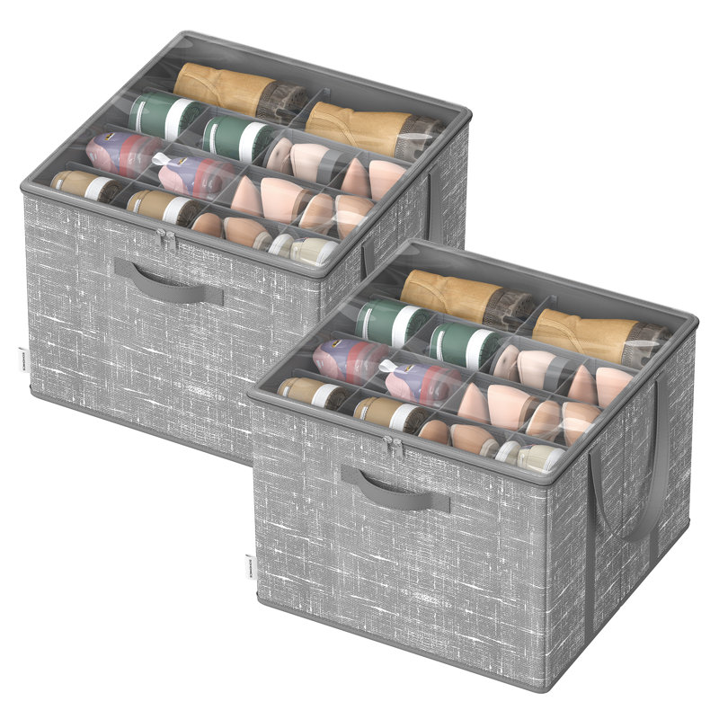 Set Of 2 Shoe Organizers For Closet, Shoe Storage Bins, 16 Pairs Each, With Handles And Clear Cover, Gray