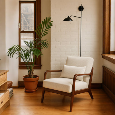 Mid-Century Modern Accent Chair, Upholstered Armchair with Solid Wood Frame and Pillow