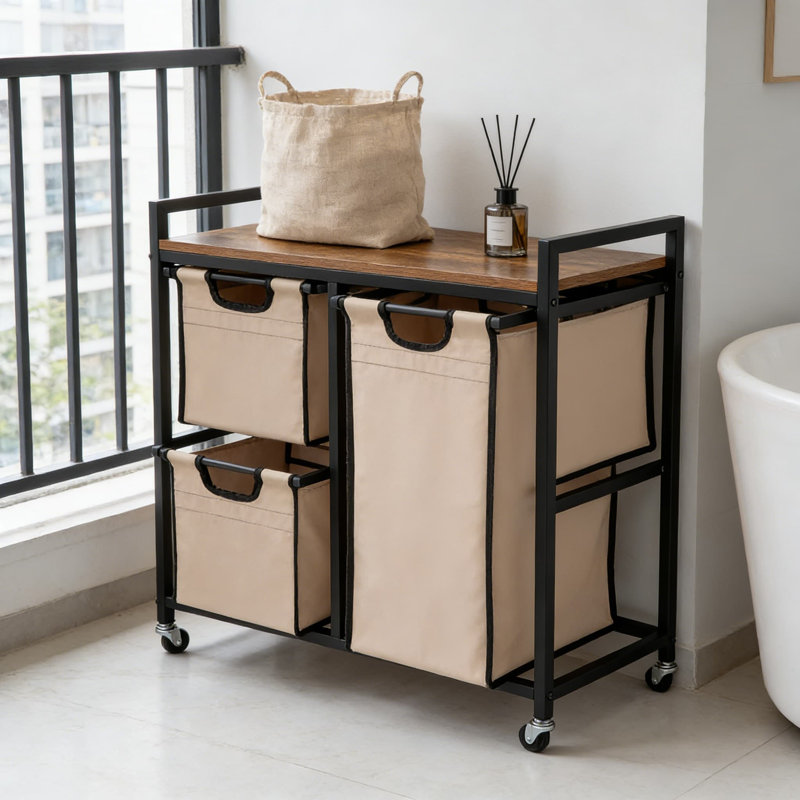 Panier à linge à 3 compartiments avec sacs coulissants et tablette de rangement - Cadre en métal durable pour la gestion organisée du linge