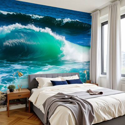 Coastal Peel and Stick Wallpaper Majestic Ocean Waves Crashing Rocks Vibrant Blue Tones Wall Murals 100"H x 144"W Removable PVC Wall Paper Self-Adhesive Wall Decor for Bedroom Living Room Bathroom Office